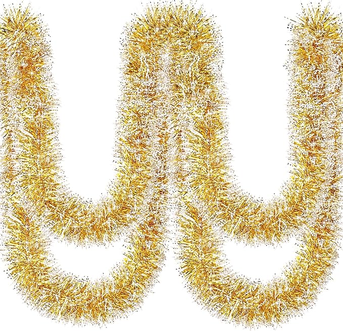 50Ft Christmas Gold and Silver Tinsel Garland Metallic Twist Shiny Garland for Xmas Christmas Tree Ceiling Hanging Decorations Holiday Wedding Home Party Supplies Indoor Outdoor Decor