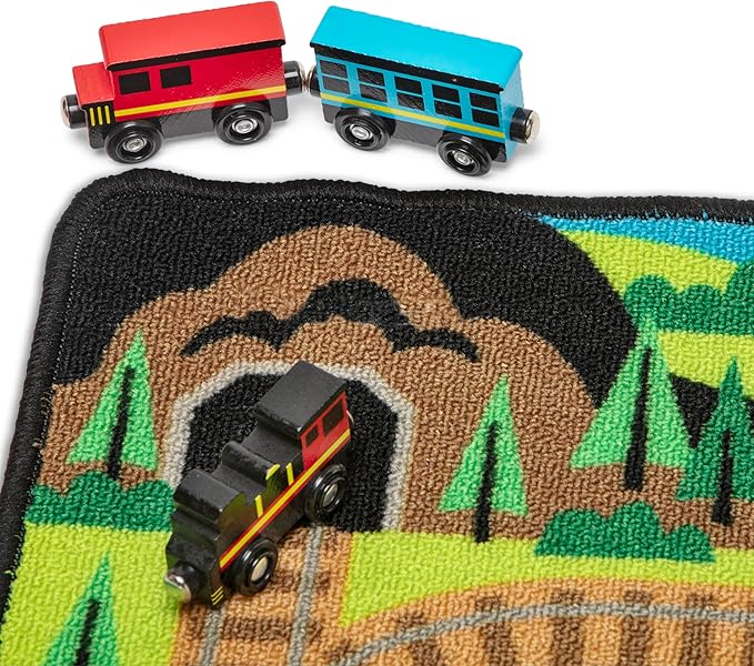 Melissa & Doug Round the Rails Train Activity Play Rug, 3 Wooden Train Cars (39" x 36")