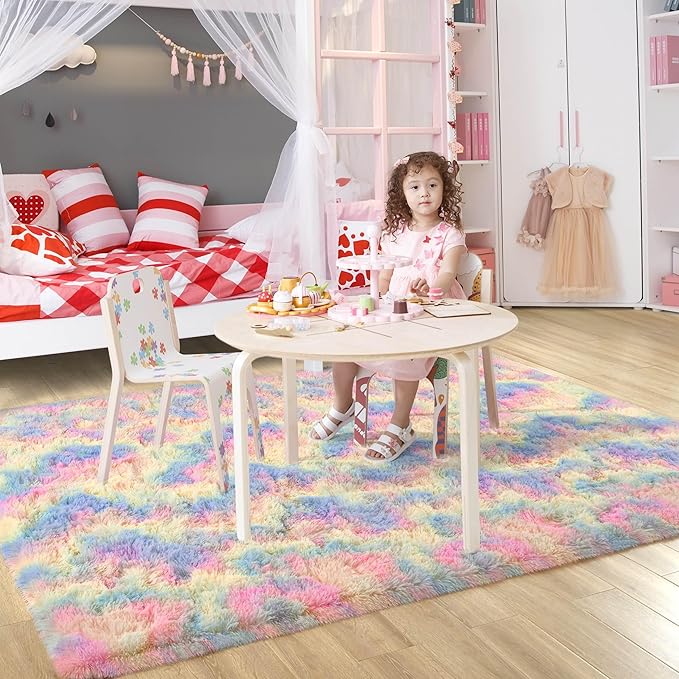5x8 Rainbow Fluffy Rug for Girls Bedroom Soft Carpet, Large Unicorn Rainbow Rug Cute Shag Rugs for Living Room Classroom Baby Toddler Kids Girls Room Nursery Dorm, Colorful Kawaii Home Decor