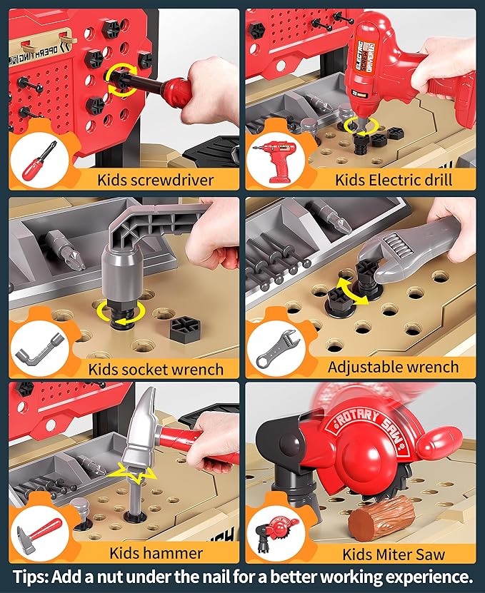 Deejoy Kids Toy Bench with Realistic Tools and Electric Drill, 79 Pcs Realistic Toy Tools with Clothes, Toddler Learning Bench Gift for Boys & Girls Age 3-5 (Yellow) 32x26.6x14.4 in