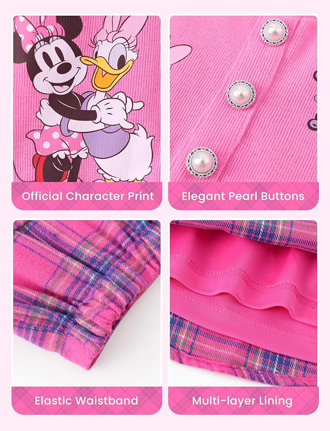 Disney Frozen Elsa Stitch Princess Moana Minnie Toddler Girl 2 Piece Outfit Kid Pearl Button Knit Top & Tweed Skirt Set 2-13Y