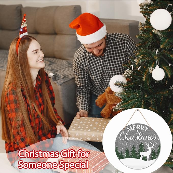 Merry Christmas Tree Sign Decorations, 10x10 Inch Xmas Reindeer Decorative Wooden Plaque with Jute Rope for Door Wall Shelf Decor, Winter New Year Gifts-MBA03