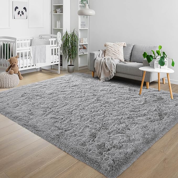 6x9 Grey Fluffy Soft Living Room Bedroom Rug, Large Area Rugs Shaggy Carpet for Living Room Classroom Kids Babys Playroom Toddler Nursery Dorm Home Decor, Modern Indoor Non Slip Rug