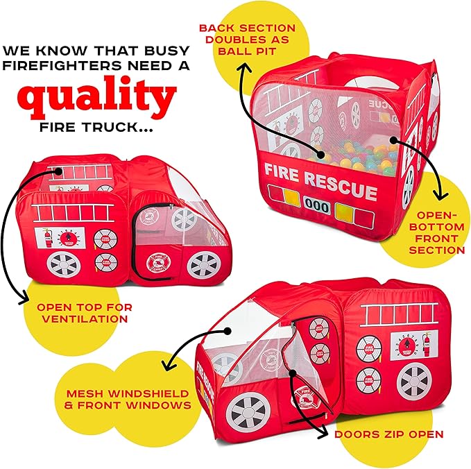 Kiddey Fire Truck Tent for Kids | Firetruck Play Tents with Sirens and Fireman Sounds for Girls, Boys, & Toddlers Gifts | Red Fire Engine Pop Up Playhouse with Costume | Indoor & Outdoor Baby Tent