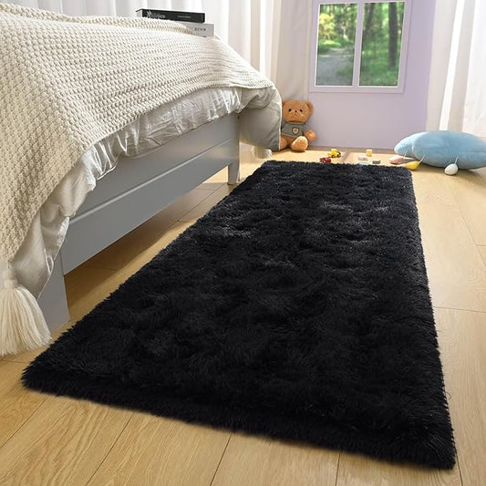 2x6 Runner Rug Black Shag for Bedroom Soft Carpet, Long Fluffy Shaggy Rugs Non Slip for Bedside Living Room Classroom Kids Boys Girls Room Nursery Dorm Home Decor