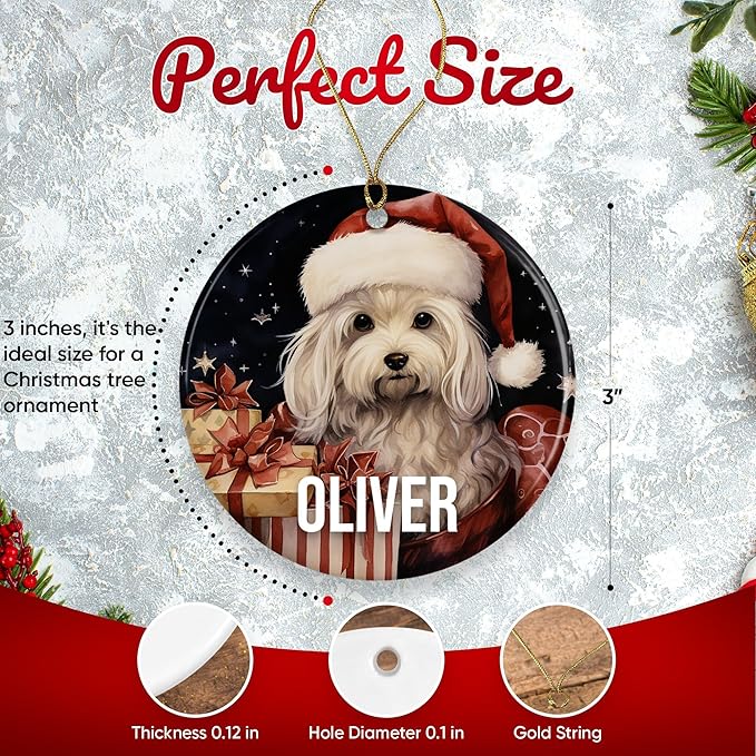 Maltese Personalized Dog Ornament - Pet Ornament for Christmas Tree - 3" Round Ceramic - Printed in USA - Choose from 200 Breeds - Dog Mom & Dad - Xmas Decoration DOG0141