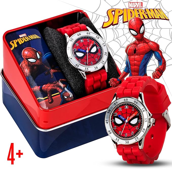 Accutime Spiderman Time Teacher Watch for Kids - Red Silicone Strap, Easy-to-Read Dial, Water Resistant, with Special Tin