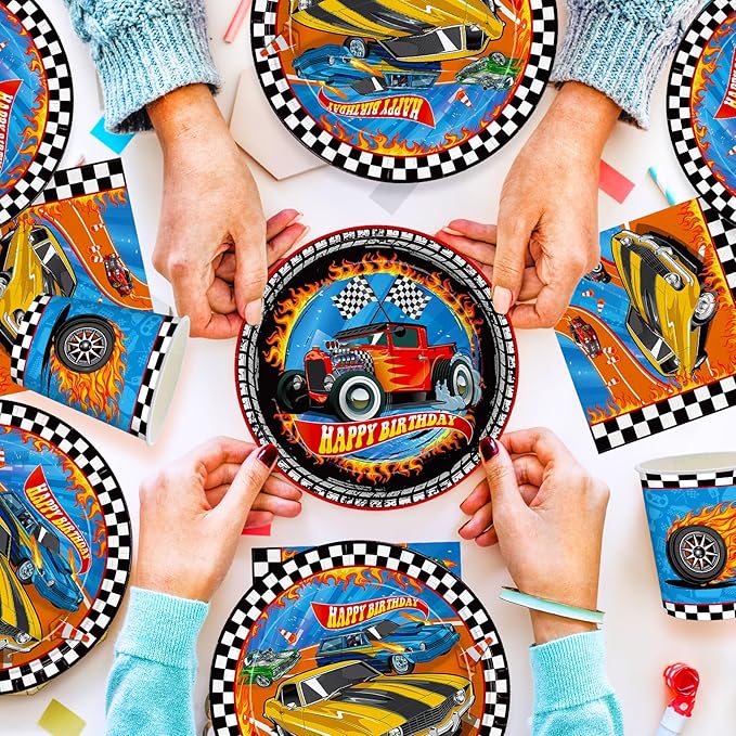 194pcs Birthday Party Decorations Supplies Race Car Plates Napkins Banner Tablecloth Disposable Parper Cups Straws Tableware Set for Kids Boys Birthday Decor 24 Guests