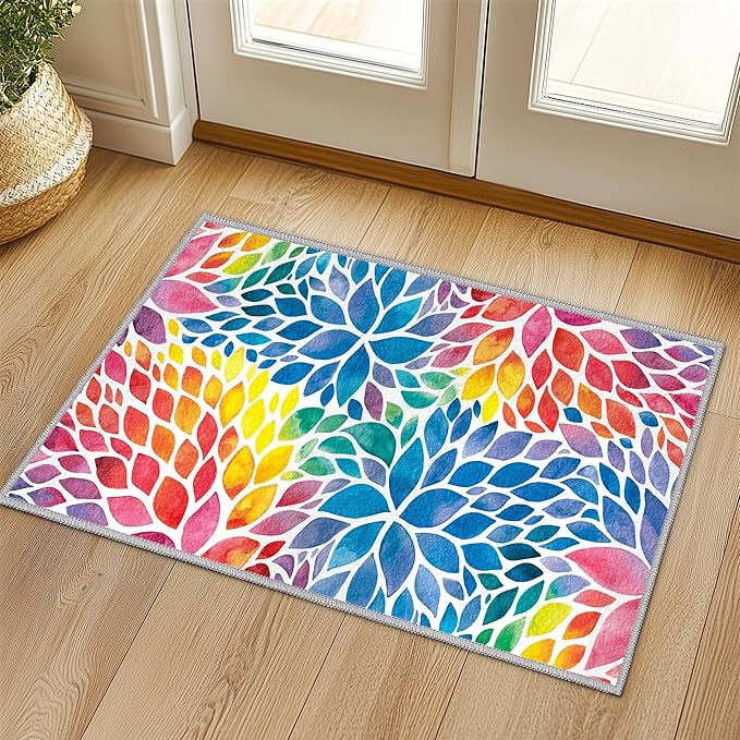 Abstract Rainbow Small Area Rug 2x3 Entryway Rug Colorful Dahlia Multicolor Floral Throw Rugs, Non-Slip Machine Washable Indoor Door Mat Entrance Carpet for Kitchen Bathroom Laundry Bedroom 2'x3'