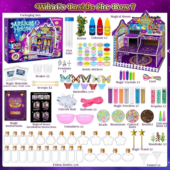 Fairy Magic Potions Kit for Kids, with DIY Magical House, 26 Mixed Magic Wizard Potion Bottles, Mystery Potions Craft Kit, Christmas Decorations Birthday Gifts for Age 6 7 8 9 10+ Year Old Girls Boys