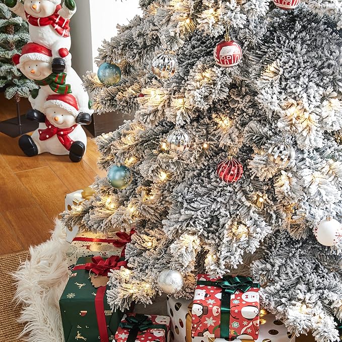 Glitzhome 9ft Pre-Lit Flocked Layered Spruce Artificial Christmas Tree, Large Elegant Snowfall Spruce Xmas Tree for Holiday New Year Home Decor