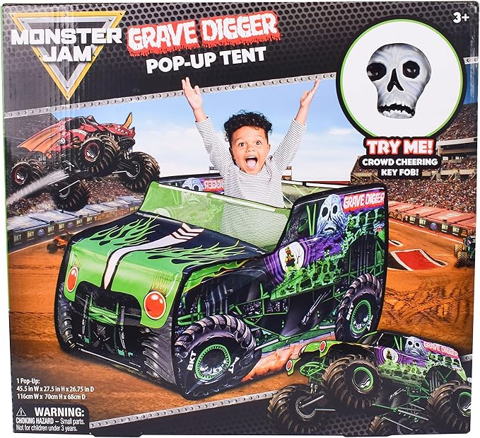 Monster Jam Grave Digger Pop Up Tent – Monster Truck Playhouse for Kids | Removable Skull Key Fob with Vehicle Sounds | Car Toys for Toddlers – Sunny Days Entertainment
