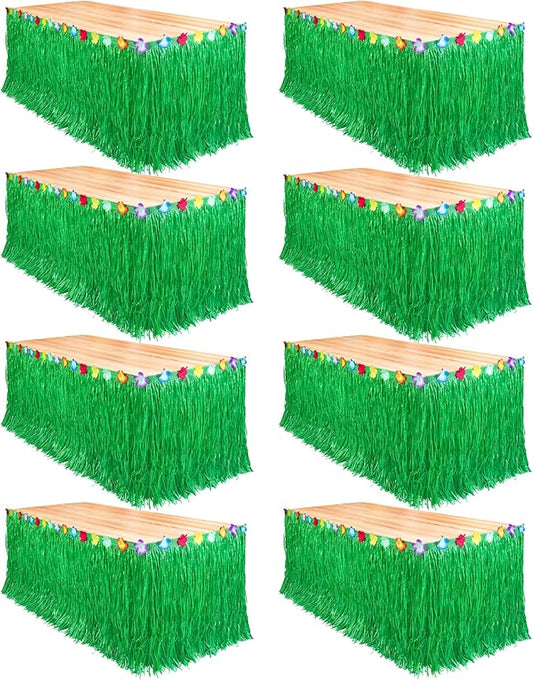 Fovths 8 Pack Luau Grass Table Skirt Natural 9 Feet x 29.5 Inch Hawaiian Table Skirt for Tropical Hawaiian Party Decorations Luau Party Costume Party, Green