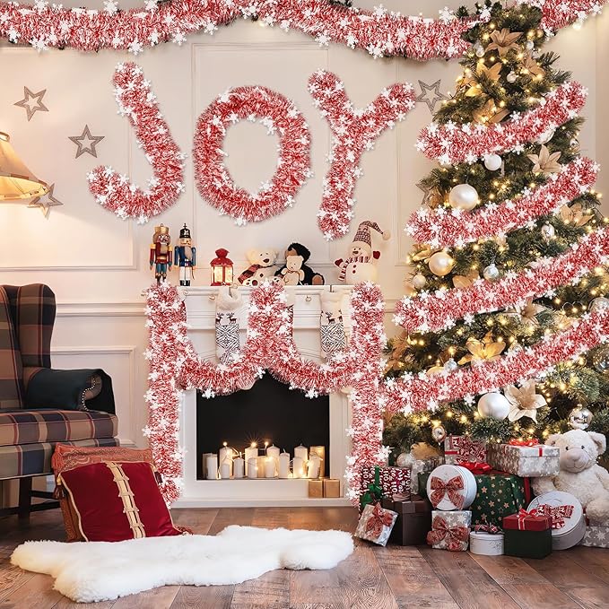 50Ft Christmas Red and Snowflake Tinsel Garland Metallic Twist Shiny Garland for Xmas Christmas Tree Ceiling Hanging Decorations Holiday Wedding Home Party Supplies Indoor Outdoor Decor