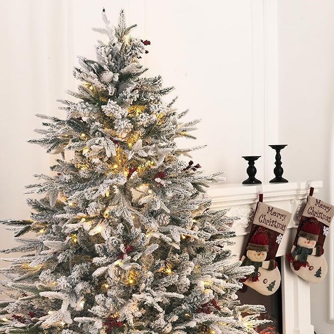 6FT Artificial Christmas Tree with 300 Multi-Colored String Lights with 11 Modes, Prelit Christmas Tree with Red Berry, Xmas Tree with Foldable Stand Christmas Decorations Decor