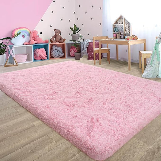 5x8 Pink Fluffy Rug for Girls Bedroom Soft Carpet, Large Cute Pink Fuzzy Shag Furry Area Rugs for Classroom Living Room Nursery Dorm Baby Kids Room Home Decor, Modern Indoor Non Slip Rug