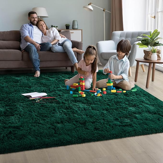6x9 Fluffy Soft Dark Green Rugs for Living Room Bedroom, Large Plush High Pile Deep Green Carpet for Classroom Kids Boys Playroom Toddler Nursery Dorm Home Decor, Modern Indoor Non Slip Rug