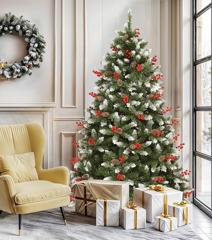 DWVO 9FT Pre-lit Christmas Tree, Pre-Decorated Artificial Christmas Trees for Home, Office, Party with with 2058 Flocked Frosted Tips & 900 UL Listed Lights, Pine Cones, Berries