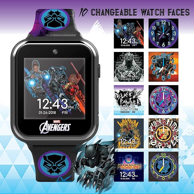 Accutime Kids Marvel Black Panther Black Educational ,Touchscreen Smart Watch Toy for Boys, Girls, Toddlers - Selfie Cam, Learning Games, Alarm, Calculator, Pedometer (Model: AVG4608AZ)