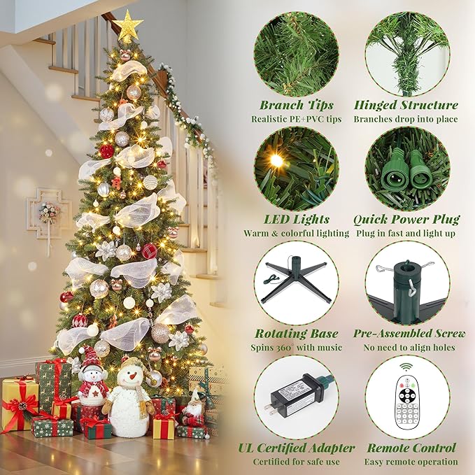 6.5ft Pre-lit Pencil Christmas Tree with Lights, 360° Rotating Stand Built-in Music, Remote Control, Slim Christmas Tree for Holiday Decor