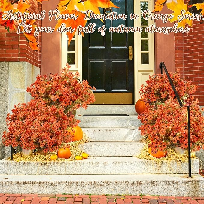 Zeyune 48 Bundles Fall Artificial Flowers Outdoor Decor, Orange UV Resistant Fake Autumn Mums for Thanksgiving, Halloween Pumpkin Porch, Window Box, Patio and Garden Decoration