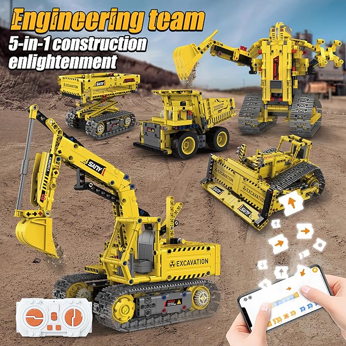 STEM Robot Construction Toys for Kids - Remote-Controlled Excavator Engineering Kit with 555 Pieces, Motor Module, Educational Boys Toys Age 8-10, Science Kits for Kids Age 8-12
