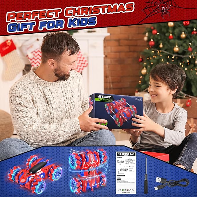 Spider RC Cars for 4 5 6 7 8 Year Old Boys - 2.4Ghz Rechargeable Double Sided Remote Control Stunt Car, 360°Rotating 4WD Off-Road RC Drift Car with Light, Birthday Xmas Gifts for Kids Age 4-6 5-7 8-12