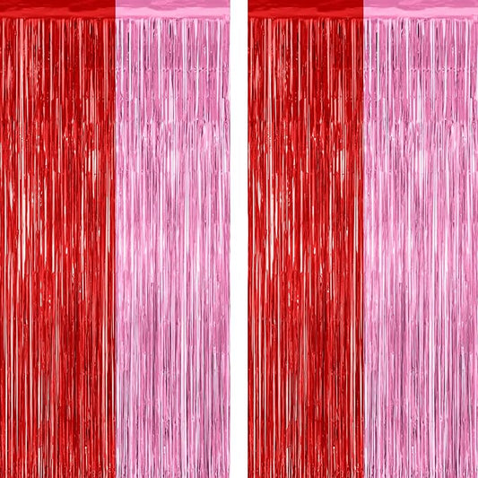 2 Pack Backdrop Curtains, 3.28 Feet x 7.05 Feet Red Pink Backdrop, Metallic Fringe Curtains Tinsel Backdrop Party Streamer, Babie Backdrop Happy Birthday Party Supplies Decorations