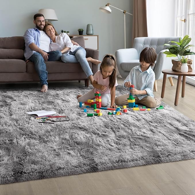 5x8 Fluffy Soft Living Room Bedroom Rug, Large Tie-Dyed Grey Area Rugs Shaggy Carpet for Living Room Classroom Kids Babys Playroom Toddler Nursery Dorm Home Decor, Modern Indoor Non Slip Rug