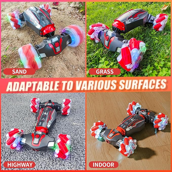4WD Stunt Car, 2.4 GHz Gesture Sensor RC Cars, Double-Sided Vehicle 360° Flip RC Twist Buggy with Music Spray - Best Christmas and Birthday Present for Boys and Girls Aged 6-12 (Red)