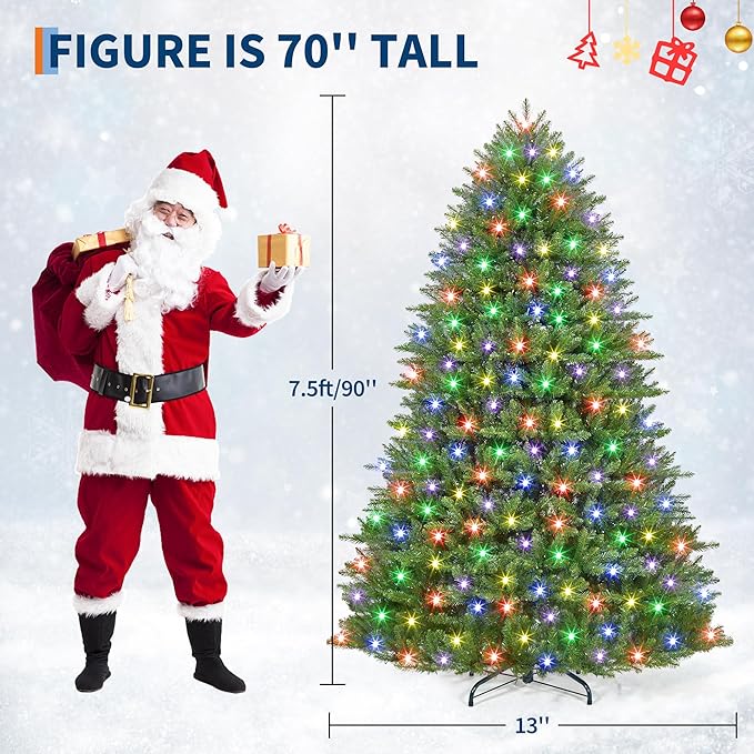 7.5FT Christmas Tree, Artificial Christmas Trees with 200 Lights, Prelit Christmas Tree with 8 Modes Lights, Foldable Stand, On/Off Foot Pedal, Holiday Decoration