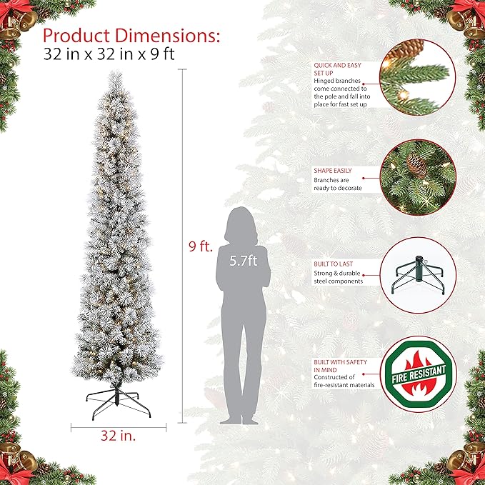 Puleo International 9 Foot Pre-Lit Flocked Portland Pine Pencil Artificial Christmas Tree with 450 UL Listed Clear Lights