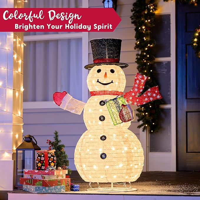 Joiedomi Snowman Christmas Decoration Outdoor, 120 LED Lighted Christmas Holiday Decorations, Collapsible Snowman Yard Lights Backyard Garden Lawn Xmas Decor, Snowman with Gift