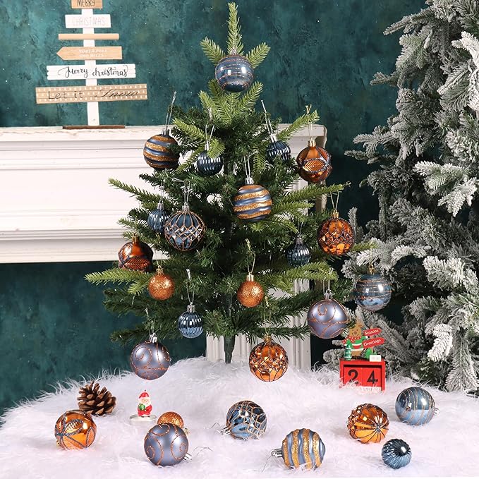 100Pcs Christmas Ball Ornaments Set, Shatterproof Plastic Blue & Orange Christmas Ornaments for Xmas Tree, Assorted Baubles Hanging Decorations for Holiday/Party/Wedding (Blue & Orange)