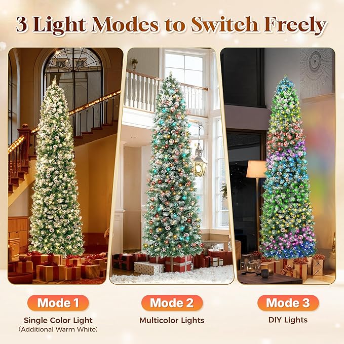 HOLLO STAR 9 ft Prelit Christmas Tree with 500 LED Lights, App Control, Slim Pencil Christmas Tree, Multi-Color RGBW Lights, 1426 Flocked Frosted Tips, Xmas Tree, 95 Pine Cones, for Home, Party