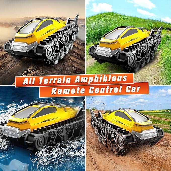 Fistone Amphibious Remote Control Car, 2.4Ghz All-Terrain Truck with Gesture Sensing, 360° Rotating RC Tank Crawler Waterproof Off-Road Car, Boat for Kids Boys