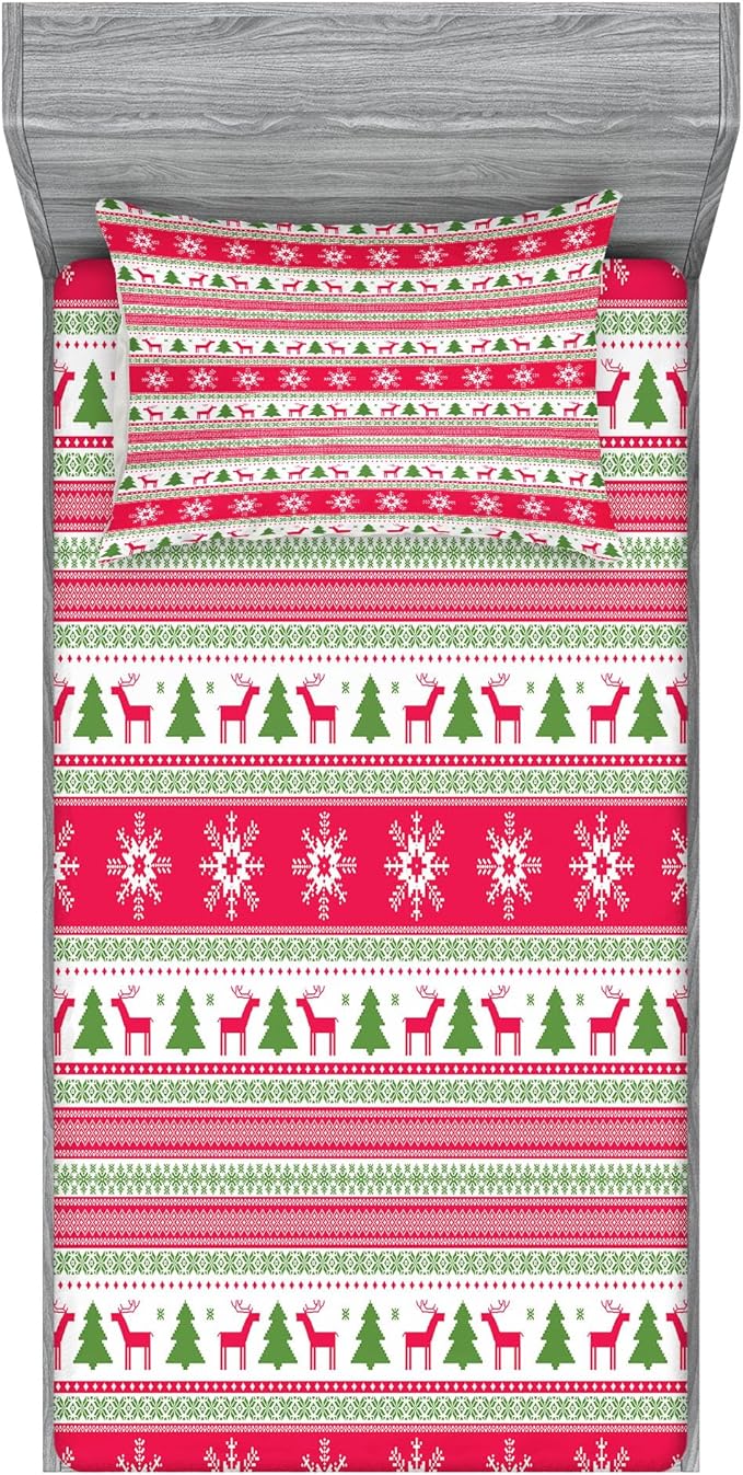 Ambesonne Nordic Fitted Sheet & Pillow Sham Set, Classical Reindeers Snowflakes Trees Christmas Pattern Needlework Design, Decorative Printed 2 Piece Bedding Decor Set, Twin, Pink Lime Green White