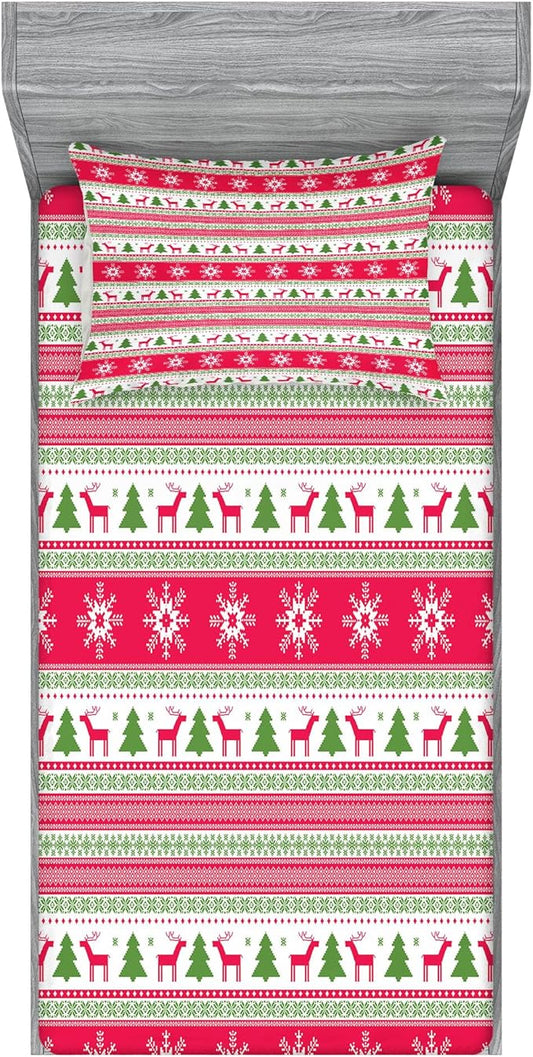 Ambesonne Nordic Fitted Sheet & Pillow Sham Set, Classical Reindeers Snowflakes Trees Christmas Pattern Needlework Design, Decorative Printed 2 Piece Bedding Decor Set, Twin, Pink Lime Green White