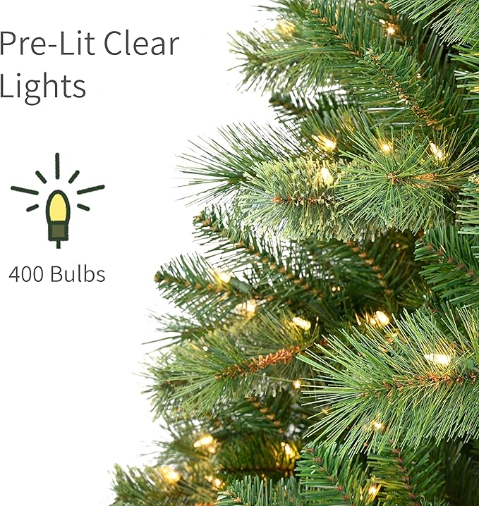 Puleo International 6.5ft Pre-Lit Teton Pine Christmas Tree with 400 Clear Lights, 1023 Realistic Dense Branch Tips, Easy Setup Artificial Trees with Sturdy Metal Stand