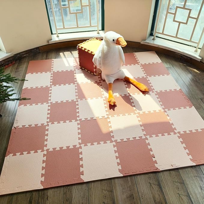 TCBunny Kids Soft EVA Foam Jigsaw Puzzle Play Mat, 18 Interlocking Tiles and Edges Baby Play Mat, for Kids Gym, Nursery, Playroom, Pet Mat, Total Floor Coverage 16 Sq Ft, Pink/Peach