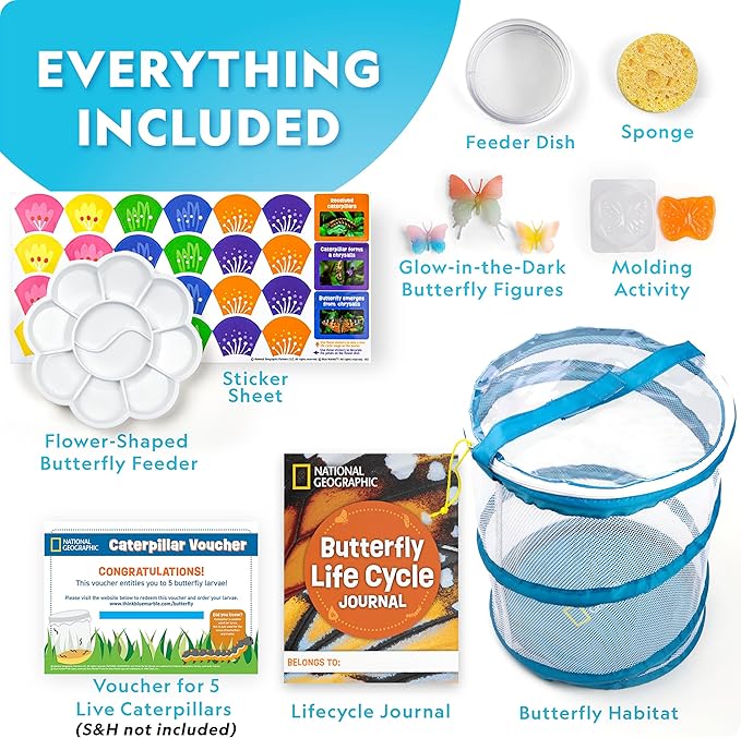 National Geographic Ultimate Butterfly Growing Kit - Butterfly Activity Kit with Voucher for 5 Live Caterpillars, Butterfly Cage, Butterfly Feeder