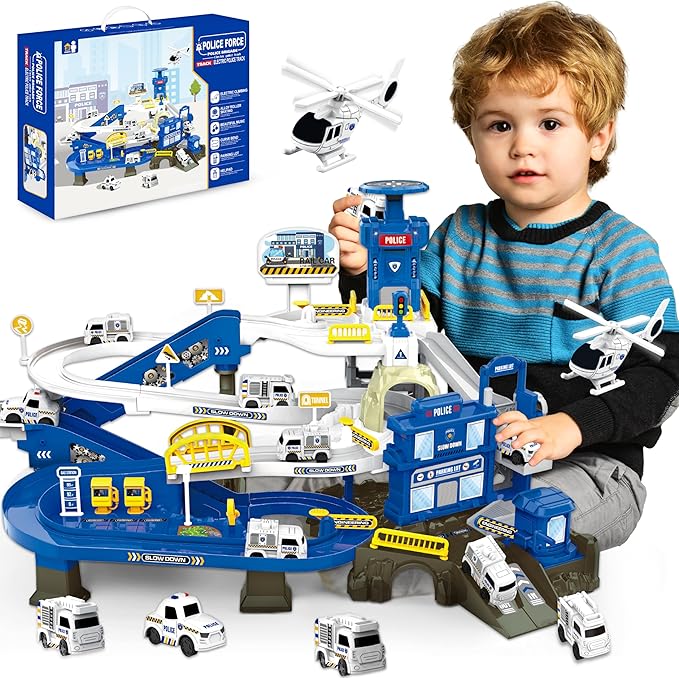 Race Tracks for Kids Ages 3-5, SMILESSKIDDO 73 PCS Police Car Tracks Toys Gifts for Boys Kids with Music and Engineering Scene Simulation, Construction Car Toddler Boy Toys Gift for Ages 3+