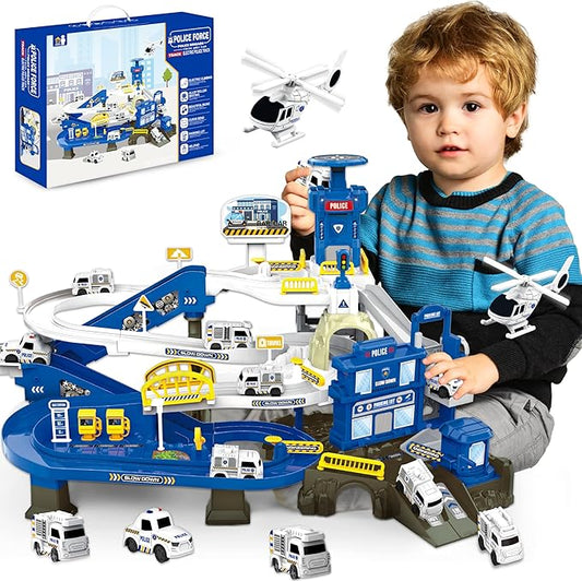 Race Tracks for Kids Ages 3-5, SMILESSKIDDO 73 PCS Police Car Tracks Toys Gifts for Boys Kids with Music and Engineering Scene Simulation, Construction Car Toddler Boy Toys Gift for Ages 3+