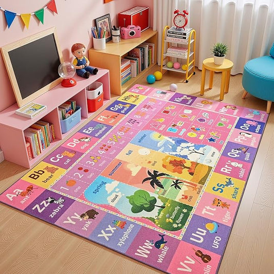 ABC Kids Rug for Playroom, 3x5 Pink Purple Washable Classroom Area Rugs, Toddler Educational Play Mat with Alphabet Numbers Seasons Shapes, Learning Fun for Preschool Children