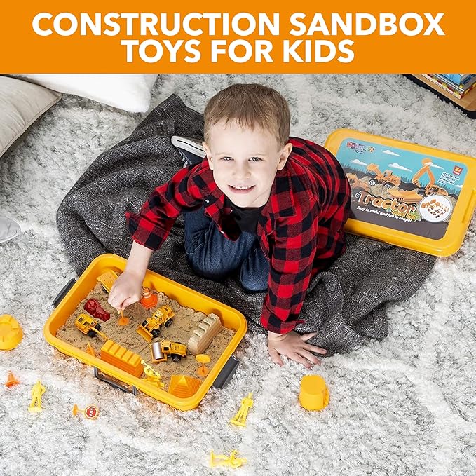 Construction Sandbox Toy for Kids With 2 lbs Play Sand, Bulldozer, and Figures - Tractor Sand Playset - Children's 3-5 Boys Farm Set, Indoor Mini Construction Play Set