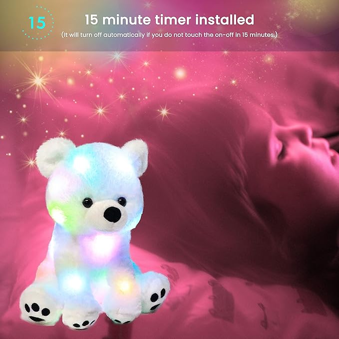 Hopearl LED Plush Polar Bear Lighting Up Stuffed Animal Floppy Night Lights Glow in The Dark Birthday Festival for Kids Boys Girls Toddlers, White, 11''