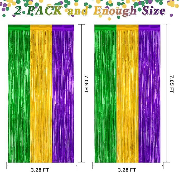 2 Pack Mardi Gras Tinsel Backdrop, 3.28 FT x 7.05 FT Metallic Fringe Curtain, Purple Gold Green Color Foil Backdrop Party Streamer, Mardi Gras Photo Booth Props Lobster Party Decorations