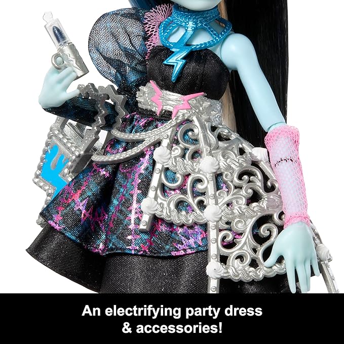 Monster High Scary Sweet Birthday Doll, Frankie Stein in Black Party Dress with Themed Accessories Like Invite, Balloon, Toy, Lipstick and More