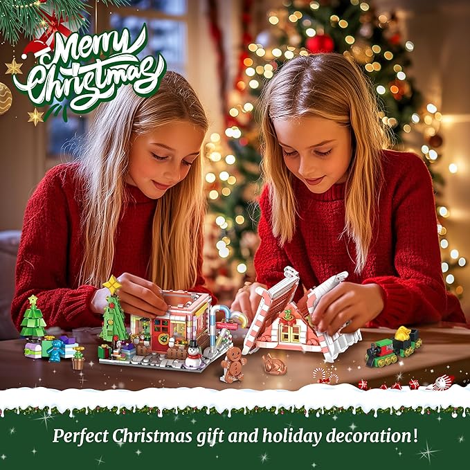 Gingerbread House Building Blocks for Girls Age 8-12 with LED Lights, Dark Pink Christmas Village House Blocks Set with Christmas Tree and Train, 1288 Pcs