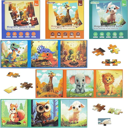 Dinosaur Puzzles for Kids Ages 3-5 113 Pieces Three-Book Animal Travel Puzzles for Kids 4-6 Airplane Car Road Trip Activities Games Toys 3 4 5 6 7 8 Year Old Girls and Boys Gift